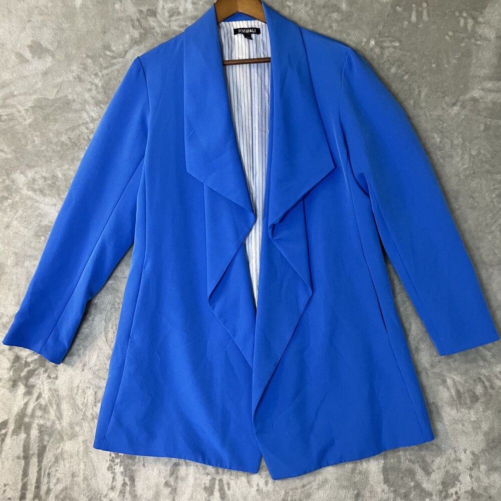 Roz & Ali Womens Royal Blue Drape Front Open Blazer Pinstripe Lining L 90's
